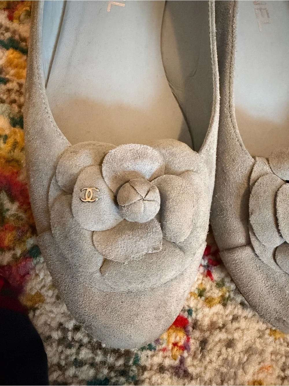 CHANEL Blue Suede Camellia Flats